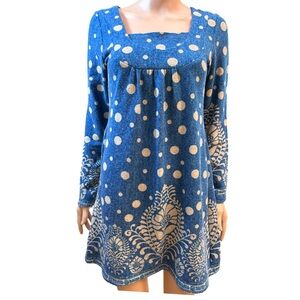 Blue and White Long Sleeve Polka Dot Dress Small